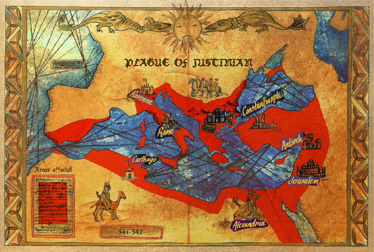Mapa que muestra el alcance aproximado de la Plaga de Justiniano, una de las primeras pandemias de la historia.