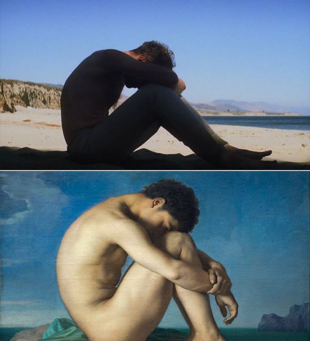 Jeune homme nu assis sur le bord de la mer de Jean Hippolyte Flandrin en Pozos de ambición de Paul Thomas Anderson