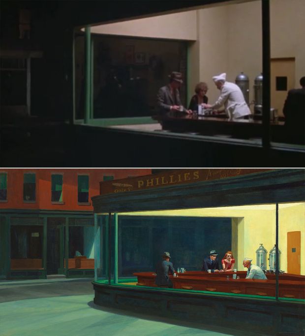 Noctámbulos de Edward Hopper en Dinero Caído del Cielo de Herbert Ross